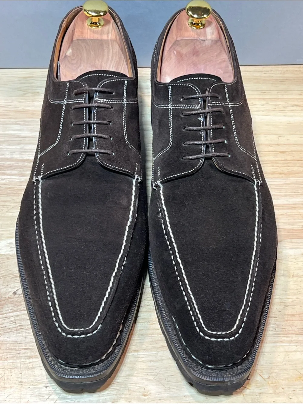 Santoni Dark Brown Suede Split Toe Derby Shoes Mens Sz 12D Vibram Soles 🇮🇹